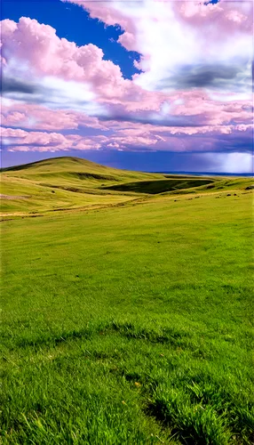 Plateau landscape, vast open space, rolling hills, green grass, rocky outcrops, blue sky with white clouds, sunny day, warm lighting, panoramic view, 3/4 composition, shallow depth of field, natural c