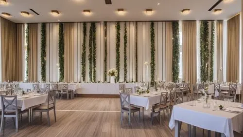 design it as a wedding hall,fine dining restaurant,bamboo curtain,wedding decoration,table arrangement,flower wall en,wedding banquet,dining room,restaurant bern,silver wedding,wedding setup,floral de