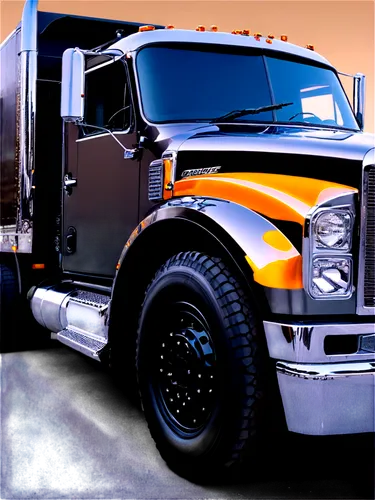 Large truck, American style, chrome bumper, headlight details, shiny wheels, black tires, metallic paint, rugged suspension, cargo bed, driver side mirror, rearview mirror, daytime scene, clear sky, s