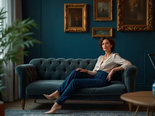 Prussian blue accent wall, luxurious modern living room, mature lady, 30s, short curly hair, subtle makeup, elegant pearl necklace, silk blouse, high-waisted dark blue pants, stiletto heels, posing on