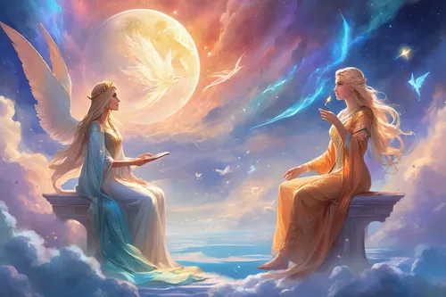 the annunciation,fantasy picture,angels,celestial bodies,sun and moon,celtic woman,fairies aloft,angels of the apocalypse,fairies,fantasy art,angel and devil,celestial event,celestial,mermaids,heaven and hell,moon and star,duet,believe in mermaids,angel lanterns,angelology,Illustration,Realistic Fantasy,Realistic Fantasy 01