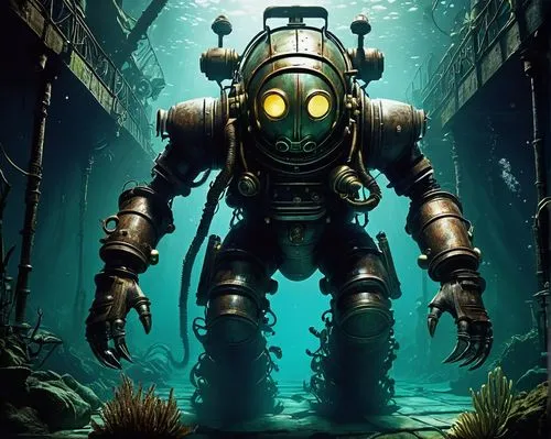 aquanaut,deep sea diving,diving helmet,scuba,undersea,diving bell,submersible,underwater diving,scuba diving,underwater background,deep sea,bottom of the sea,the bottom of the sea,divemaster,under the water,diving equipment,pallet doctor fish,fish-surgeon,dive computer,under sea,Illustration,Paper based,Paper Based 20