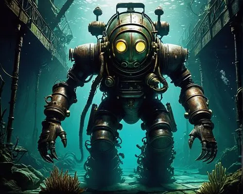 Big Daddy, Bioshock-inspired, underwater city, Rapture, 1950s-style, Art Deco architecture, detailed mechanical limbs, heavy diving suit, welding torch, iconic helmet, blueish lighting, steam punk ele