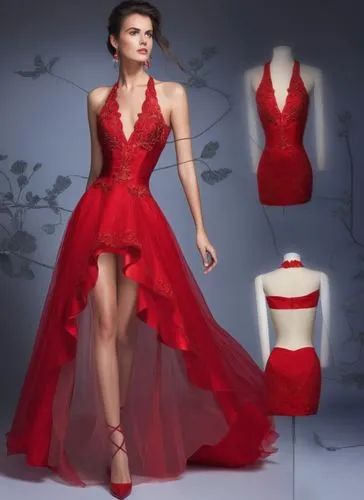 a brunette woman, red dress with embroidered tulle on the bust, silk organza on the skirt,a women's red dress that looks like a prom gown,red gown,man in red dress,lady in red,siriano,evening dress,dr