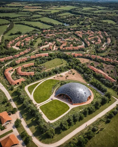 the_norman_foster_foundation_droneport_8,radio telescope,musical dome,solar cell base,gasometer,longues-sur-mer battery,round barn,aerial landscape,giant soap bubble,planetarium,solar dish,aerial phot