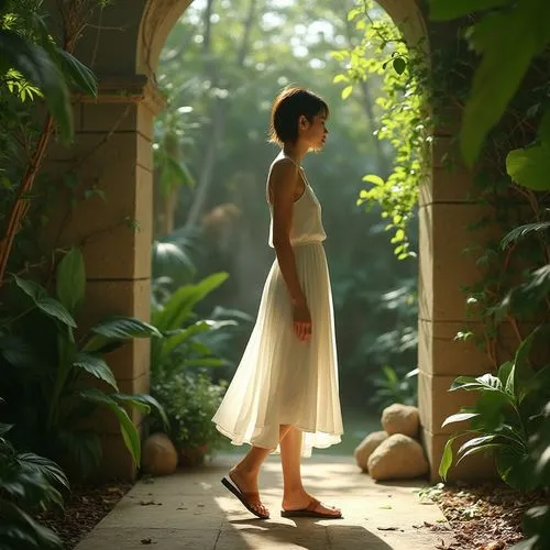 arrietty,girl in the garden,utada,tropico,amelie,girl in a long dress,garden fairy,girl in a long dress from the back,naples botanical garden,jinglei,dorne,backlight,wintergarden,biophilia,girl in white dress,secret garden of venus,barefoot,backlit shot,backlit,enchanting,Photography,General,Realistic