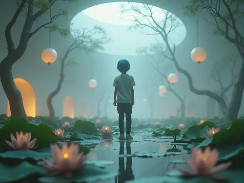 water lotus,lanterns,fireflies,krathong,little world,dream world,forest of dreams,wishing well,falling flowers,fallen petals,lotus pond,kodama,dandelion hall,wander,world digital painting,everlasting flowers,atmosphere,waterlily,lily pond,dreamscape,Photography,General,Realistic