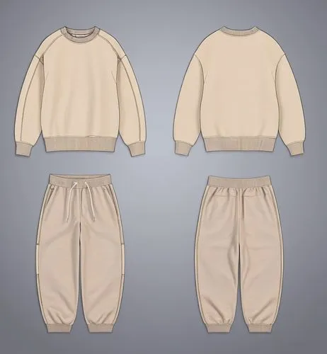 卫衣服装，正面和背面，颜色为米色，卫衣面料,three different styles of pants and sweatshirt,neutral color,baby clothes,a uniform,model years 1958 to 1967,garments,snowsuits,childrenswear,loungewear,garment,whites,snowsuit,n