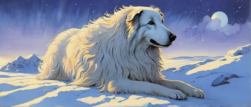 pyrenean mastiff,maremma sheepdog,borzoi,great pyrenees,pyrenean shepherd,landseer,kuvasz,polar,mountain goat,polar aurora,snow hare,white dog,white bear,white shepherd,white lion,aurora polar,icebear,polar bear,afghan hound,old english sheepdog,Illustration,Retro,Retro 07