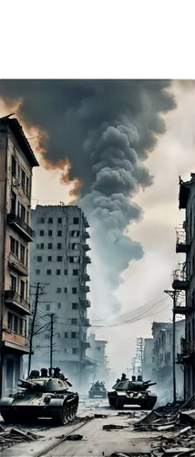 War-torn cityscape, destroyed buildings, ruins, smoke rising, dark clouds, broken streets, abandoned tanks, barbed wire, worn-out boots, scattered helmets, dramatic lighting, cinematic composition, gr