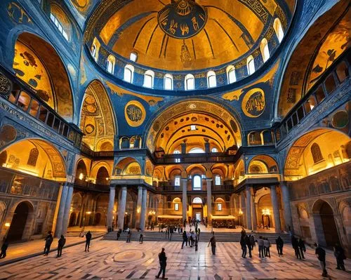 Byzantine architecture, grandeur, intricate carvings, ornate details, golden domes, majestic arches, vibrant mosaics, saint figures, ornamental patterns, marble floors, solemn atmosphere, Hagia Sophia