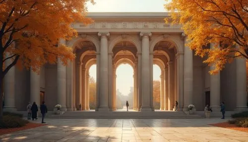 Sandstone, memorial center, architecture, grand entrance, ornate columns, solemn atmosphere, natural texture, beige color, intricate carvings, historical significance, solemn lighting, warm ambient gl