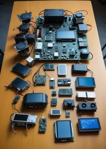 several electronic items are laid out on the table,electronic waste,disassembled,handhelds,disassembly,gadgets,devices