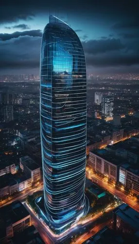 Futuristic skyscraper, curved lines, irregular shape, neon lights, holographic advertisements, reflective glass façade, metallic exterior, abstract sculptures, rooftop garden, cityscape view, drone fl