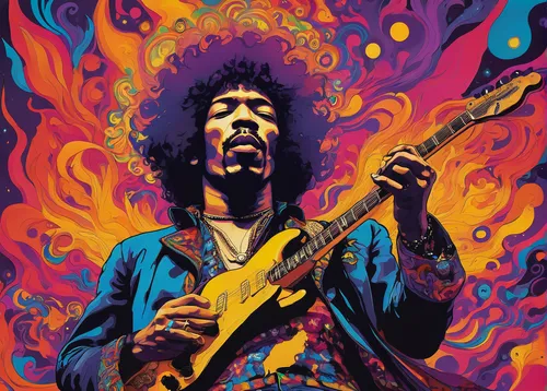 jimi hendrix,jimmy hendrix,guitar solo,painted guitar,70's icon,psychedelic art,groovy,jazz guitarist,guitar player,1971,thundercat,slide guitar,1973,flame of fire,70s,electric guitar,psychedelic,guitor,george,wolf bob,Illustration,Paper based,Paper Based 16