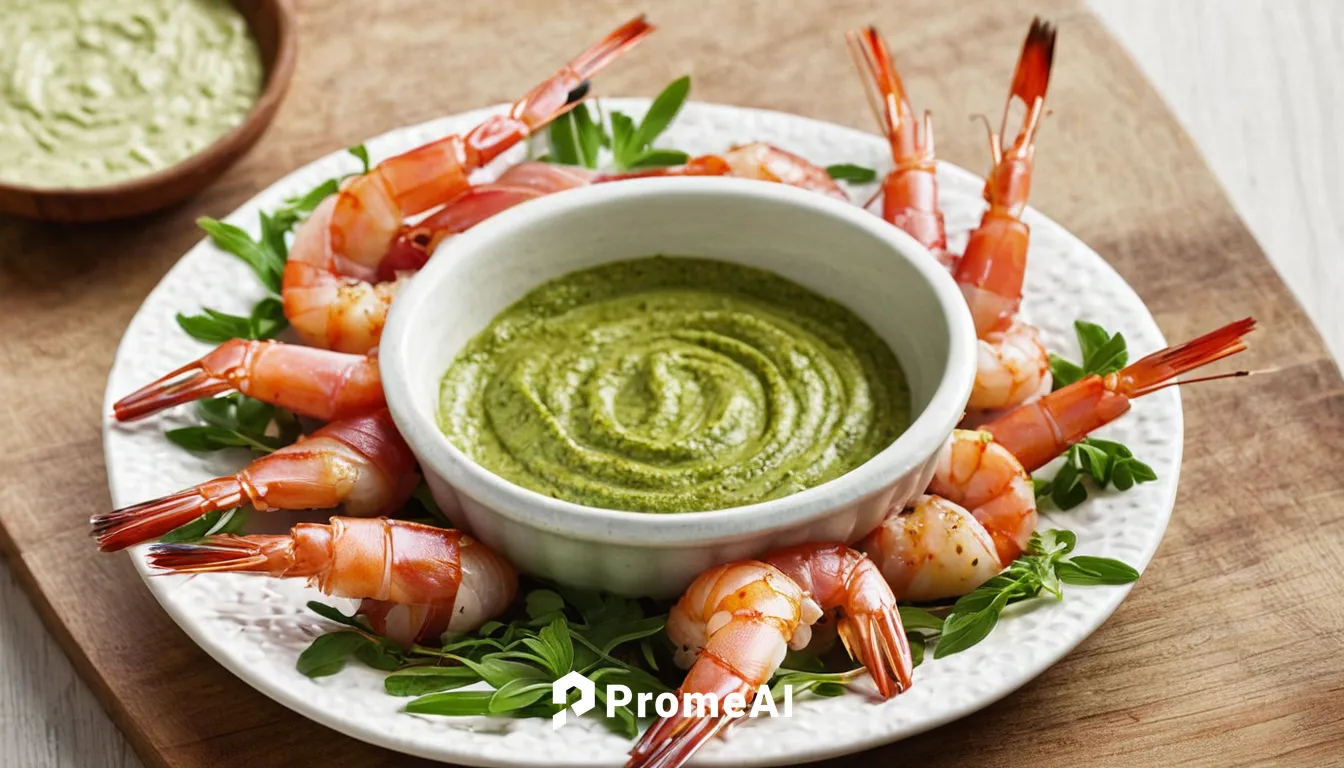 Prosciutto Wrapped Prawns With Pesto Dip Appetizer,avocado shrimp salad,grilled prawns,bbq prawns,freshwater prawns,river prawns,shrimp slide,wild garlic butter,vegetable prawn salad,sauce gribiche,pi