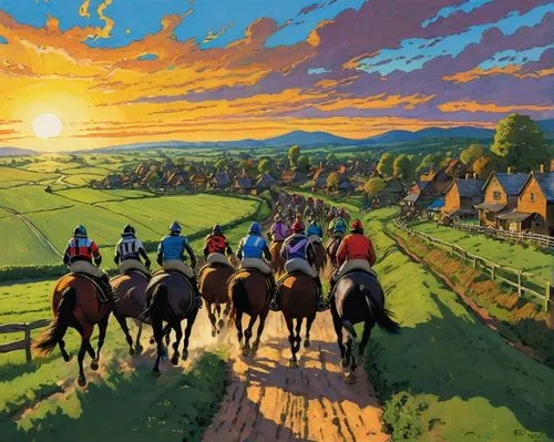 thelwell,townsmen,coville,pilgrims,highwaymen,turville,beleriand,chevaux,jockeys,jaunting,foxhunting,horse riders,cotswolds,peleton,newmarket,prydain,kingsnorth,cotswold,horse herd,horseracing,Illustration,American Style,American Style 03