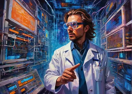 sci fiction illustration,scientist,neuroscientist,jasinski,biologist,neurobiologist,kutner,theoretician physician,doktor,jarvis,neurosurgeon,bioengineer,biophysicist,researcher,doctorandus,geneticist,asimov,astrobiologist,medical illustration,neurologist,Conceptual Art,Oil color,Oil Color 20