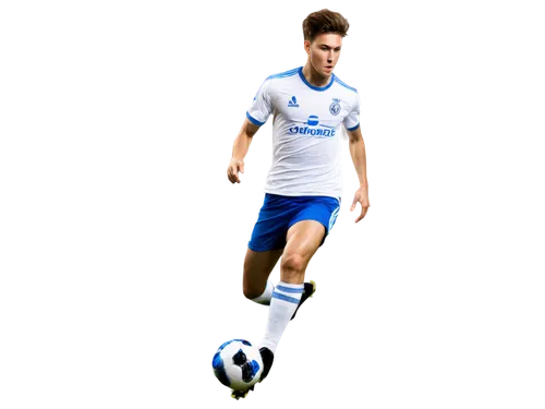 Young athletic male, soccer player, dynamic pose, muscular legs, sporty hairstyle, focused facial expression, white soccer jersey, blue shorts, shin guards, black cleats, intense action, jumping, kick