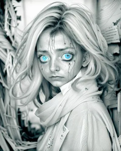 white walker,winterblueher,the blue eye,blue eye,alice,the snow queen,heterochromia,children's eyes,pierrot,elsa,blue eyes,silver blue,silvery blue,ice queen,painter doll,ojos azules,ghost girl,holly blue,humanoid,photomanipulation,Design Sketch,Design Sketch,Hand-drawn Line Art