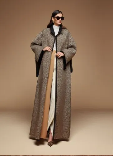 a woman in an oriental costume is posing for the camera,long coat,maxmara,overcoats,marni,rykiel,overcoat,Illustration,Realistic Fantasy,Realistic Fantasy 05