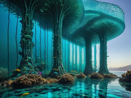 Aquatic futuristic architecture, half-submerged building, iridescent scales-like facade, glowing bioluminescent accents, undulating curves, organic shapes, hybrid aquatic-terrestrial structure, transp