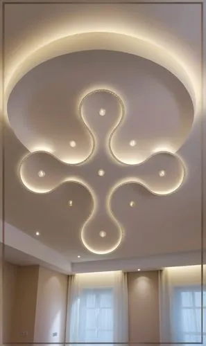 Gypsum decoration in the ceiling of a room with hidden LED lighting,a modern living room features a ceiling with circular lights,ceiling light,stucco ceiling,ceiling construction,ceiling lamp,ceiling 