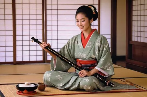 tea ceremony,traditional japanese musical instruments,erhu,shakuhachi,tatami,tea zen,traditional korean musical instruments,beautiful girls with katana,japanese woman,daitō-ryū aiki-jūjutsu,geisha,geisha girl,shamisen,japanese culture,japanese tea,gyokuro,dobok,koto,sōjutsu,katana,Illustration,Black and White,Black and White 10