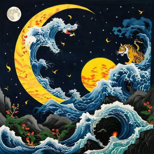 the great wave off kanagawa,mid-autumn festival,dragon boat,samudra,moondragon,sea night,japanese waves,rongfeng,hokusai,koi fish,ocean background,motif,moon and star background,guangzhao,qingyang,yuanzhong,yamatai,el mar,danshui,tsunami,Conceptual Art,Fantasy,Fantasy 32