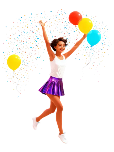 Animated GIFs, free, colorful, playful, dynamic poses, cartoon style, young girl, short hair, bright smile, sparkles, glitter, flowy clothes, twirling, jumping, waving hands, confetti, balloons, festi