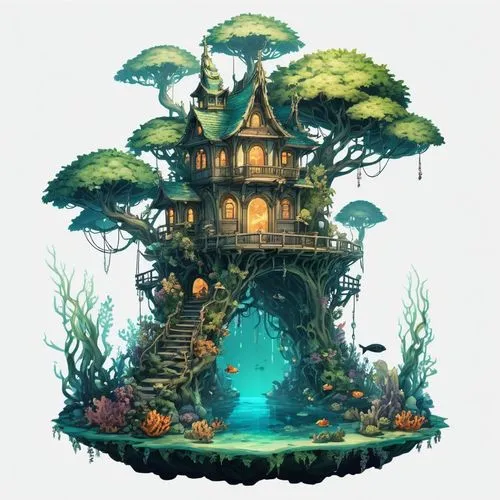 mushroom island,tree house,fairy house,mushroom landscape,treehouse,tree house hotel,Illustration,Abstract Fantasy,Abstract Fantasy 11