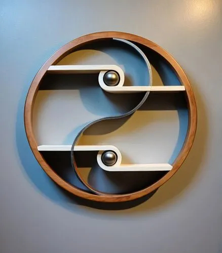 a yin yang wall shelves made of wood and metal,an unusual wall mounted book shelf in a circle,tsuba,roundels,wall clock,letter z,annular,circular puzzle,Conceptual Art,Sci-Fi,Sci-Fi 13