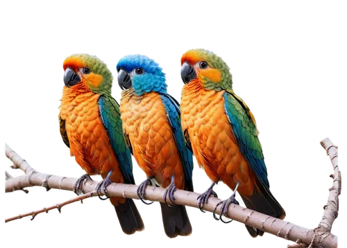 Colorful singing birds, perched on branch, open beaks, feathers fluffy, shimmering iridescent wings, bright eyes, morning sunlight, soft focus, 3/4 composition, warm color tone, shallow depth of field