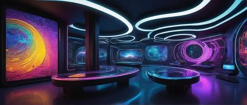 Modern futuristic virtual reality architecture, sleek minimalist lines, neon-lit accents, metallic materials, glass surfaces, curved structures, floating walkways, holographic projections, immersive i