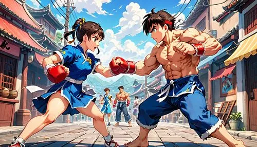 Streetfighter, Ryu versus Chunli,two fighters are in the street doing a fight,ippo,streetfighter,sanshou,hadouken,prefight,fisticuffs,Anime,Anime,Traditional