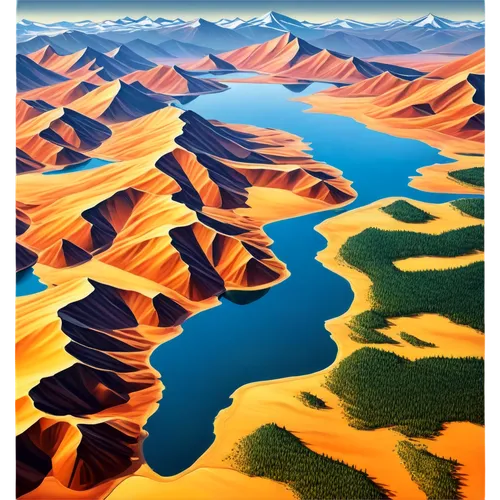 gobi desert,river delta,lakebeds,topographer,namib desert,namib,rio grande river,kluane,river landscape,meanders,mansarovar,watersheds,the gobi desert,ladakh,manasarovar,fjord,aerial landscape,fjord landscape,navajo bay,landform,Illustration,Paper based,Paper Based 22