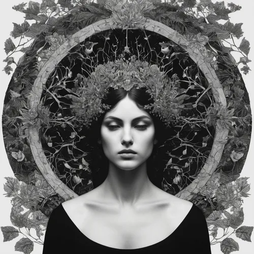 dryad,priestess,mystical portrait of a girl,kahila garland-lily,moonflower,esoteric,girl in a wreath,mysticism,sacred geometry,the enchantress,laurel wreath,shamanic,gothic portrait,photomanipulation,wilted,datura,flora,psyche,artemisia,photomontage,Illustration,Black and White,Black and White 09