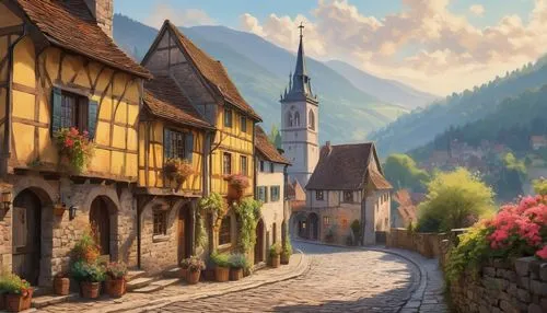 alsace,alpine village,medieval street,medieval town,mountain village,knight village,highstein,switzerlands,maisons,auberge,francia,half-timbered houses,mountain settlement,rouran,france,thun,french digital background,alpes,nargothrond,townscapes,Conceptual Art,Oil color,Oil Color 10