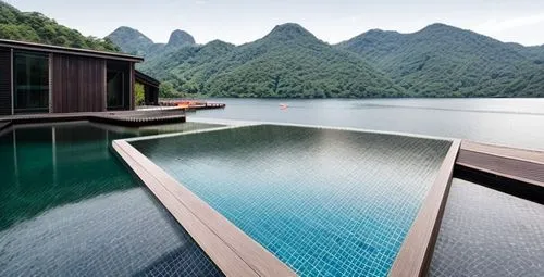 EXTERIOIR ESPACE. A POOL INFRONT OF A LAKE. PUT MOUNTAINS LIKE THE ONES IN zhangjiajie national forest park.
ADD A BOAT ,infinity swimming pool,floating huts,roof landscape,outdoor pool,wooden decking