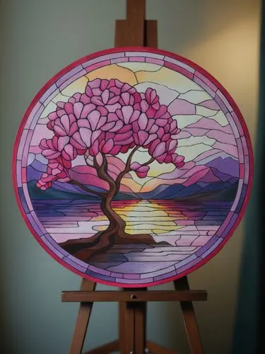 Картина на мольберте,a small wooden easel with a painting of a tree,glass painting,painted tree,cherry blossom tree,sakura tree,flower painting,colorful tree of life