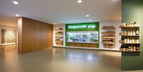 Supermarket pop-up space design, polished concrete material used for the floor, use of biophilic design, use of nature-friendly materials, use of indirect lighting on the ceiling,pharmacy,cosmetics co