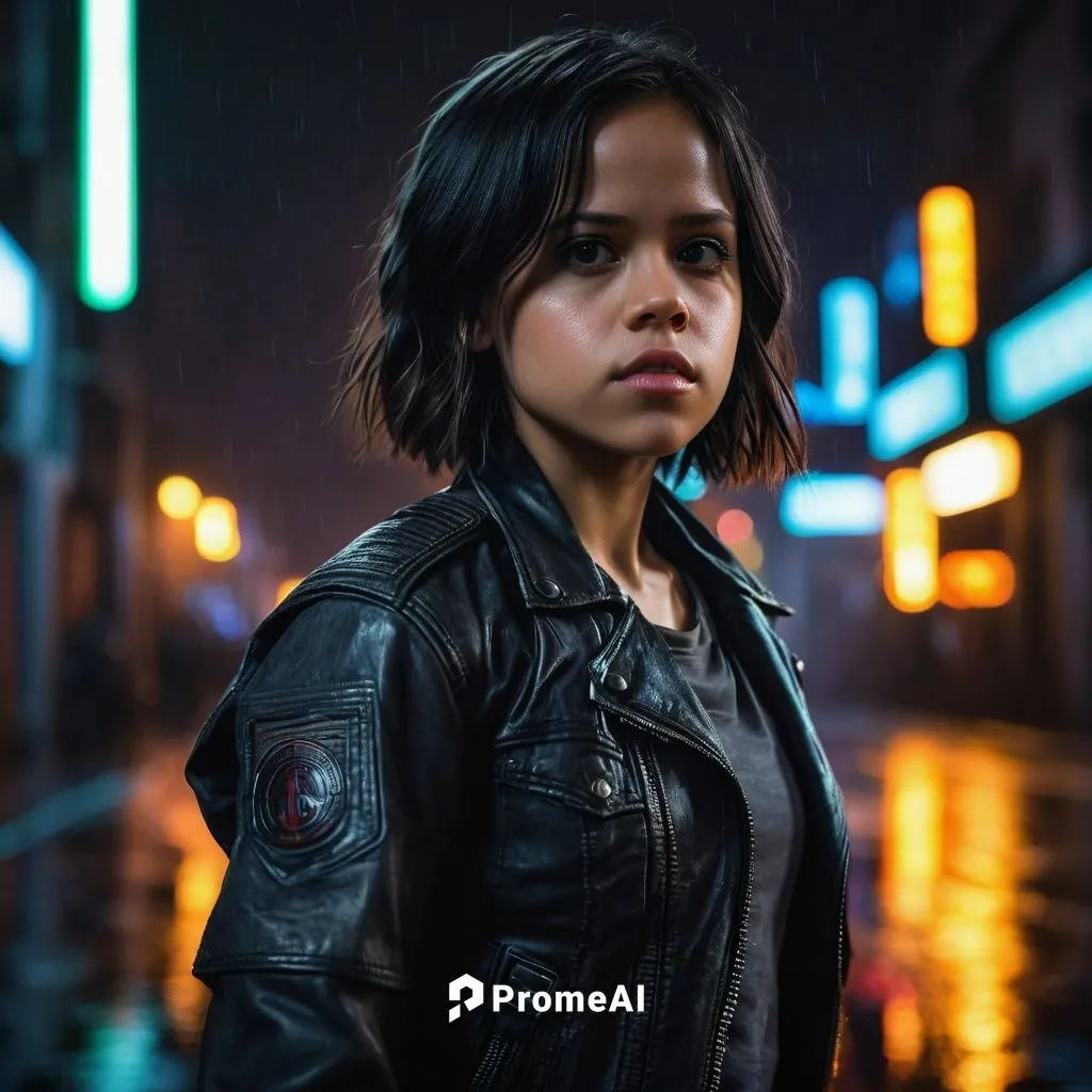 Rogue One, Jenna Ortega, strong jawline, sharp eyes, short black hair, athletic build, black leather jacket, grey tank top, dark jeans, combat boots, intense gaze, standing, city streets, neon lights,