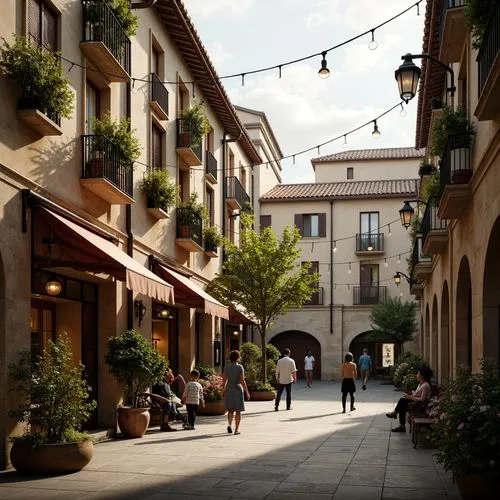 Rustic market square, vintage lanterns, distressed wooden signs, ornate ironwork, curved balconies, flower-filled window boxes, soft warm lighting, warm beige stone walls, terracotta roof tiles, decor