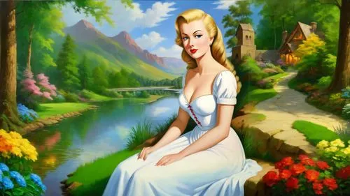 Romantic masterpiece oil painting, cute girl portrait, nostalgic 1950's style kitsch, lush forest landscape, colorful botanical garden scenery, by Thomas Kinkade, by Bob Ross,maureen o'hara - female,g