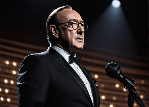 Mature man, Kevin Spacey style, formal wear, black suit, white shirt, black tie, holding a microphone, standing on a luxurious stage, elegant background, soft spotlight, serious facial expression, ico