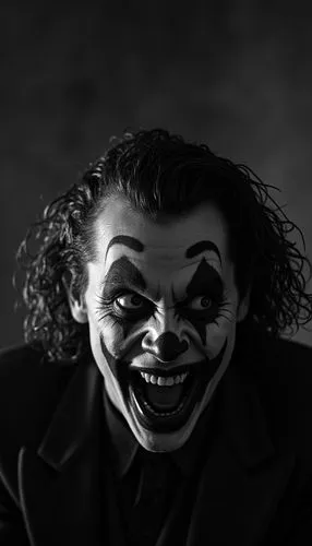 A black and white close-up of Heath Ledger's Joker with a frenzied expression, looking terrifying and horror-filled. The background is light black, and the Joker's makeup is clearly visible.,a man in 