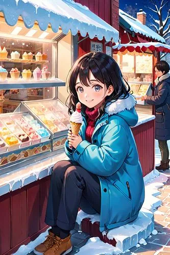 malasada,winter clothing,winter clothes,winter festival,icy snack,winter background,frozen dessert,christmas market,ice cream stand,christmas sweets,in the snow,ice skating,donut illustration,convenience store,kawaii ice cream,cold buffet,bakery,ice cream shop,sweets,christmas snowy background,Anime,Anime,Traditional