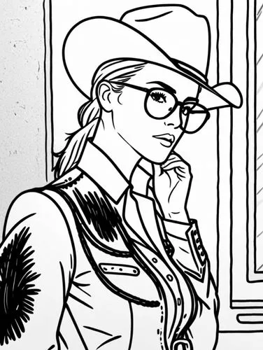 a  with long hair and a cowboy hat,holtzmann,comic halftone woman,inspecteur,inking,inks,reddington,Design Sketch,Design Sketch,Rough Outline