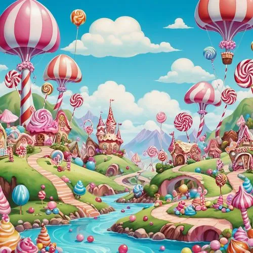 seamless candy land scenic background,the landscape of a cartoon land filled with lots of balloons,candyland,fairy world,fairy village,fairyland,sweetland,munchkinland,Illustration,Abstract Fantasy,Ab