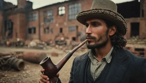 portrait, gipsy male, 30 years old, with a big gipsy hat, smoking a big classical woden pipe, in front of ruined brick factory,taghmaoui,pipe smoking,farnaby,lumbago,deadwood,sartana,whishaw,smoking p